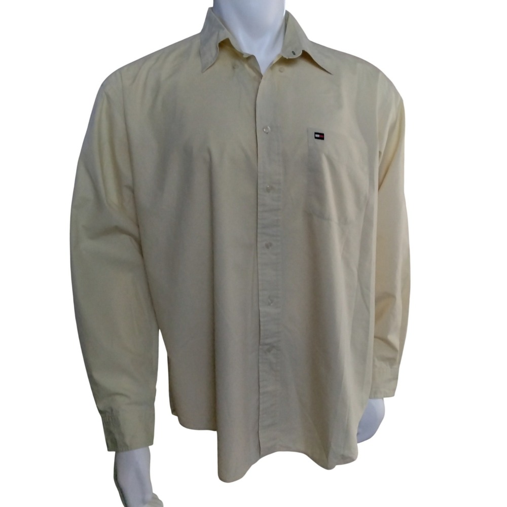 Tommy Hilfiger Mens Button Down Shirt Large Cream Yellow Long Sleeve Cotton Logo